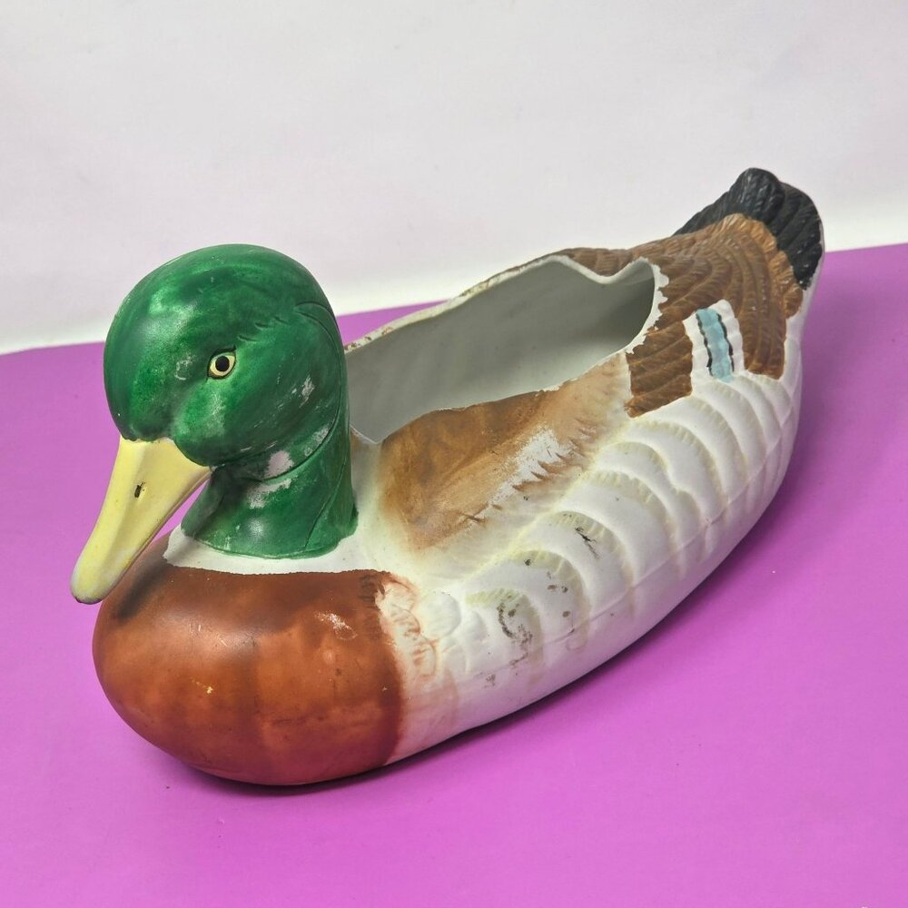 Vintage Hand-Painted Ceramic Mallard Duck Planter Figurine‎
